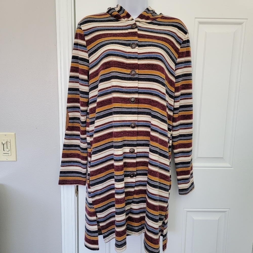 Doe And Rae Striped Multicolor Hooded Button Up Cardigan Elbow Patches Medium